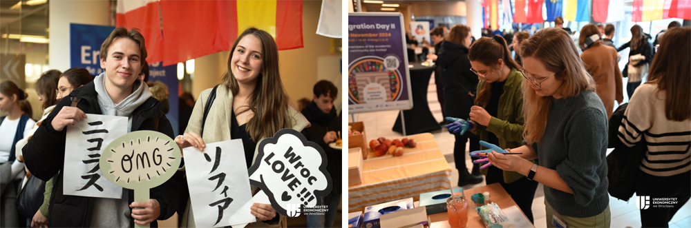 Two side-by-side photos of Integration Day at Wroclaw University of Economics and Business. The photo on the left shows two young smiling women holding signs depicting Japanese writing along with the statements OMG and "Wroc Love!" as people take part in other activities behind them. The photo on the right shows two students at an event table painting their hands in the colors of their flags, while many people walk in the background below a banner of colorful national flags hung up across large windows in the back.