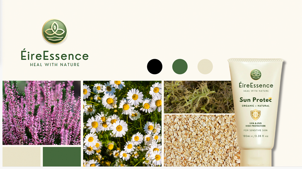 A mood board created by business students working on the brand story for a organic sunscreen called EireEssence, for the digital storytelling module of their digital marketing course. Created by students with the help of input from an AI platform, the mood board includes at its upper right the circular deep green brand logo of the product which features a stylized lotus flower. Under the logo are the words "EireEssence: Heal With Nature." At the right of the board is the image of the light beige tube of sunscreen, with its logo and deep green lettering. The rest of the mood board features a rectangular block of closeup photos of the product's organic ingredients, including photos of a lavender plant, daisies, oatmeal, and seaweed. Above the photos and near the tube of sunscreen are circles with the product's color palette of black, deep green, and beige, and at the lower left within the block of images are two rectangular color swatches of beige and deep green.