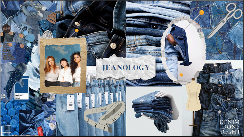A digital collage-style storyboard for a women's jeans business called 'Jeanology,' created by business students. The collage features various denim textures, stacked and folded jeans, close-ups of jean details like buttons and stitching, a Pantone color swatch for a color called Denim Blue, a measuring tape, scissors, and a mannequin. A torn paper with 'JEANOLOGY' in bold letters sits at the center. A Polaroid-style photo of three women dressed in denim and white tops is pinned to the board. The phrase 'DENIM DONE RIGHT' appears in the bottom right corner, reinforcing the brand's focus on quality and craftsmanship.
