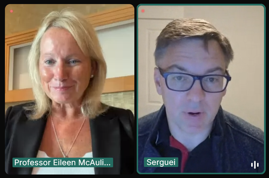 Screenshot of Eileen McAuliffe (left) and Serguei Netessine (right) on a virtual podcast call.