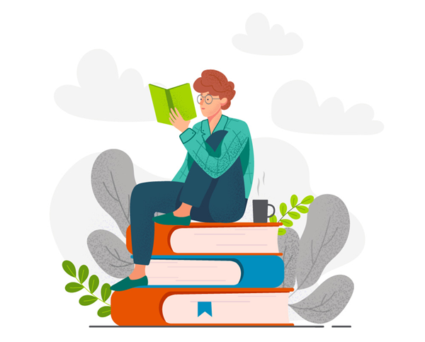 Individual reading a hardcover book sitting on three books stacked